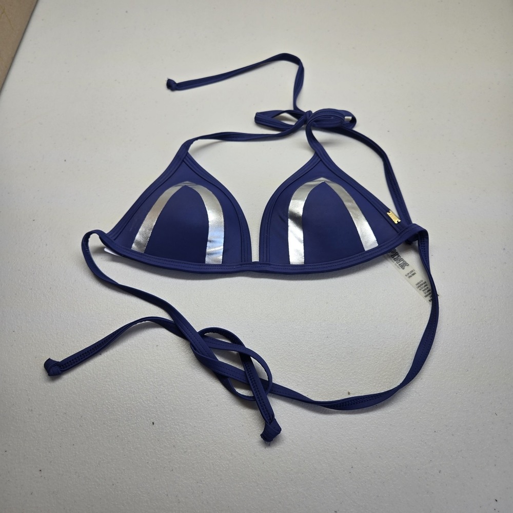 PINK Victoria's‎ Secret Women Swimwear Small Navy Blue Silver Halter Bikini Top